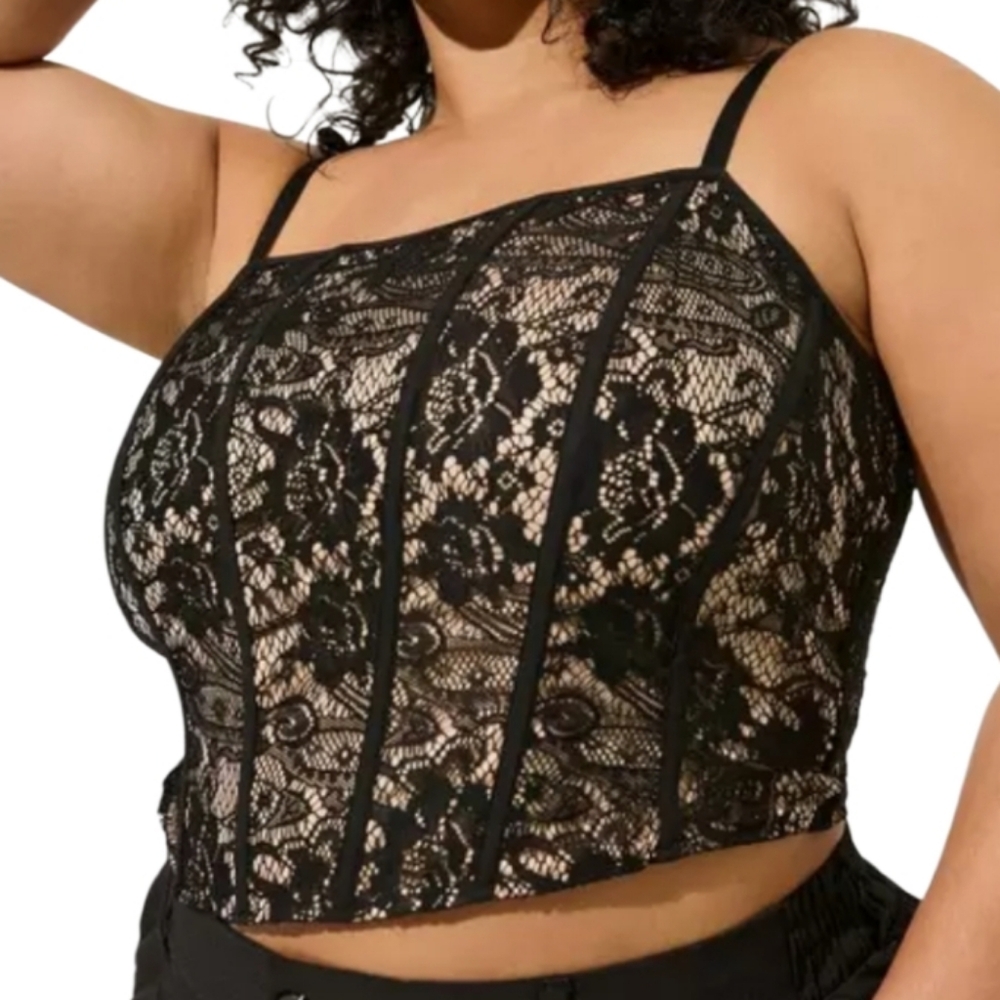 BLACK LACE OVER BEIGE CORSET CROP TOP SZ 1X NWT